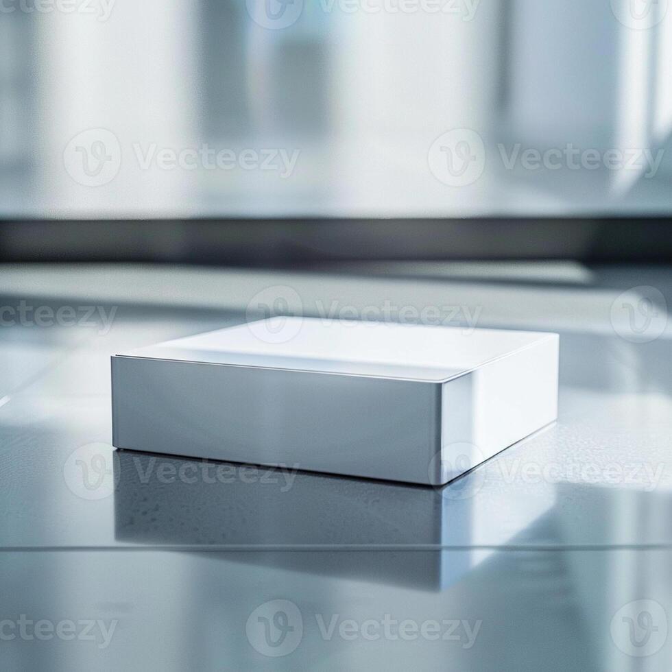 White box on the floor with a window in the background photo