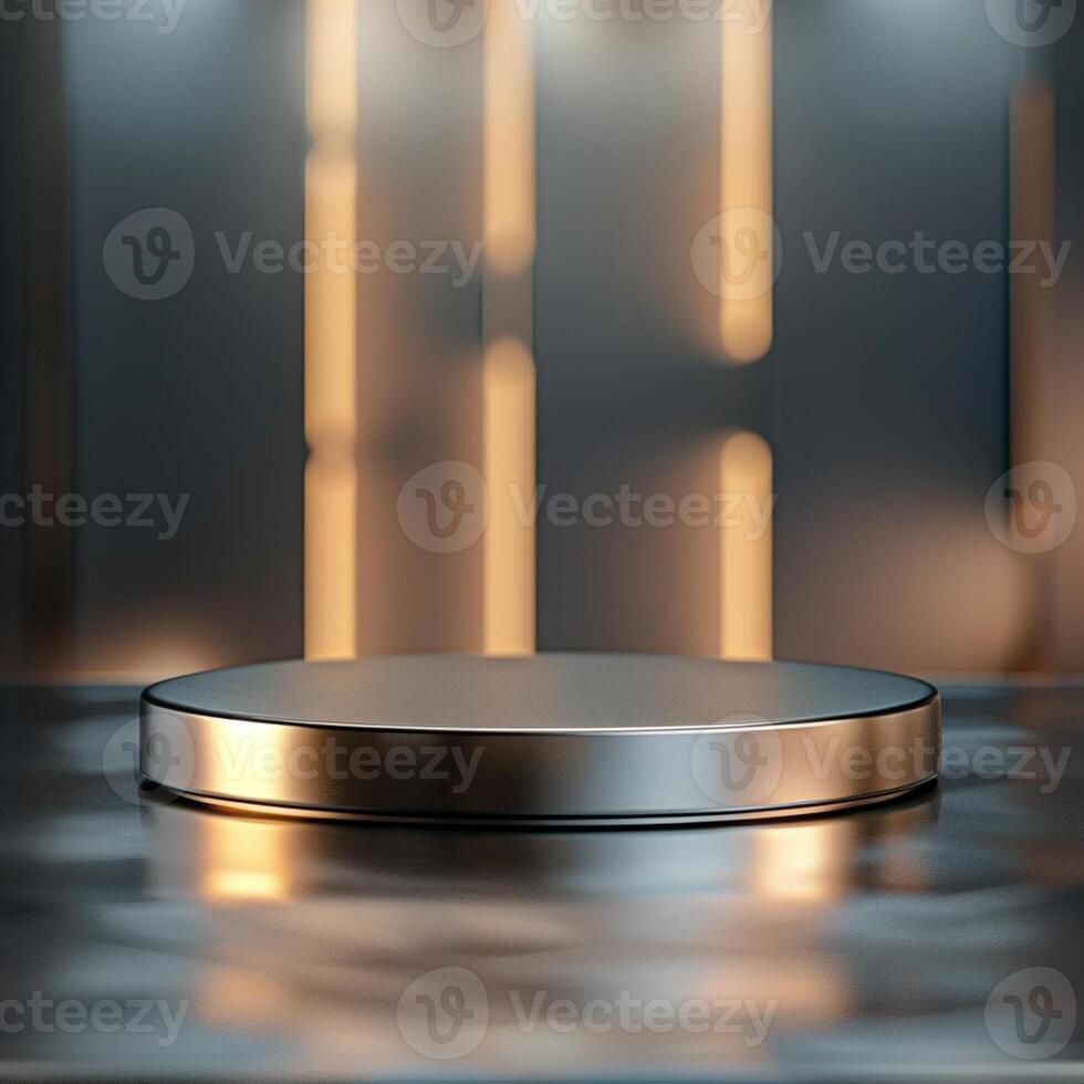 An empty podium on a table with lights in the background photo