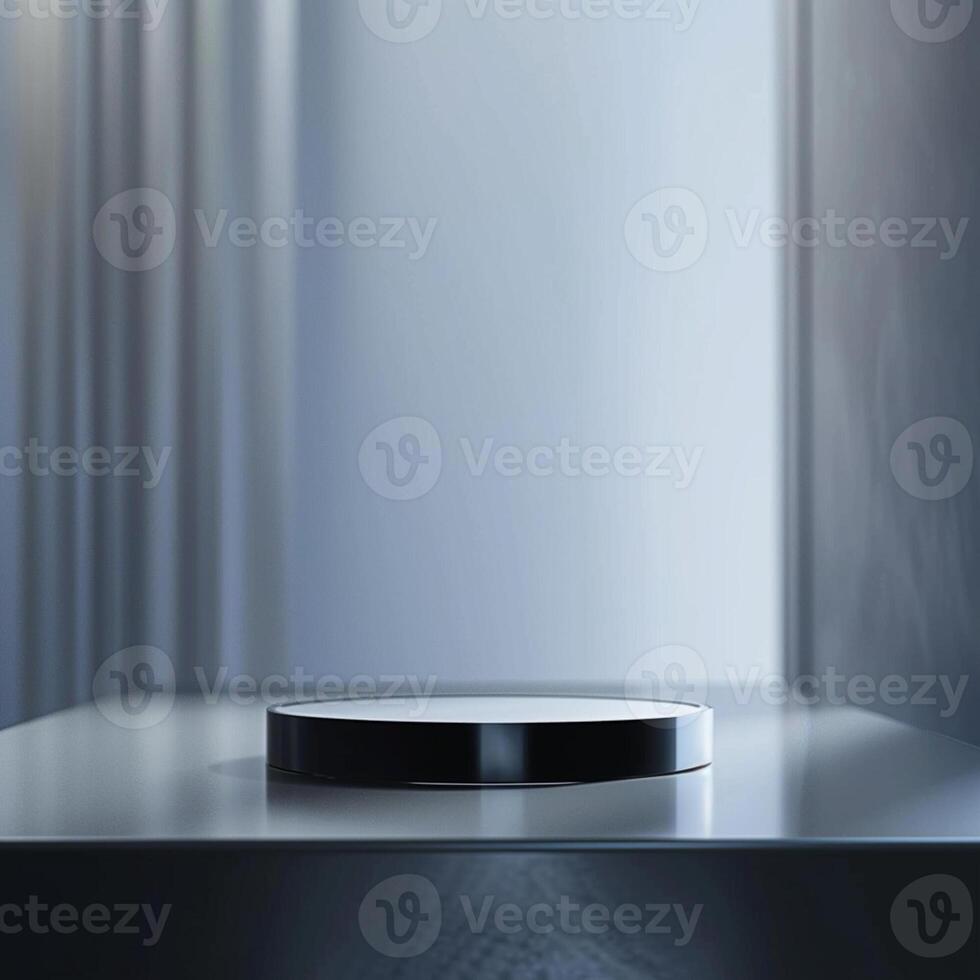 A black and white object on a table in front of a window photo