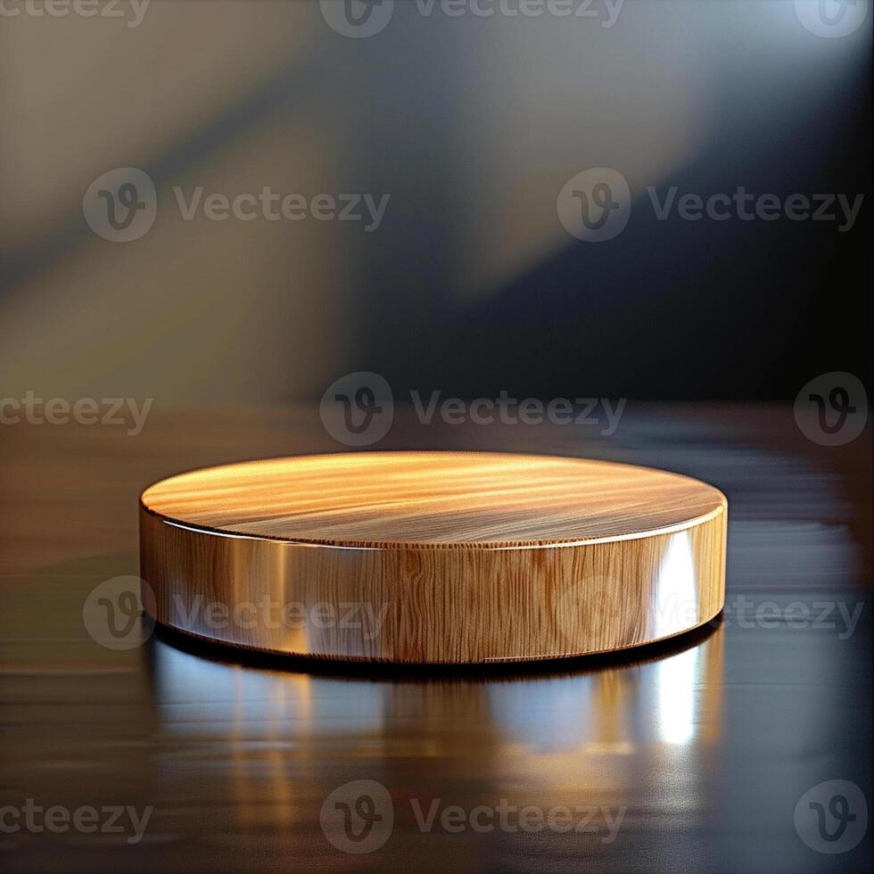 A wooden round table on a table with a light photo
