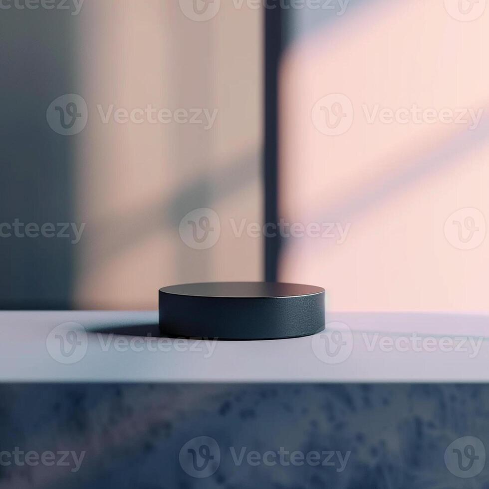 A black object sitting on a table in front of a window photo