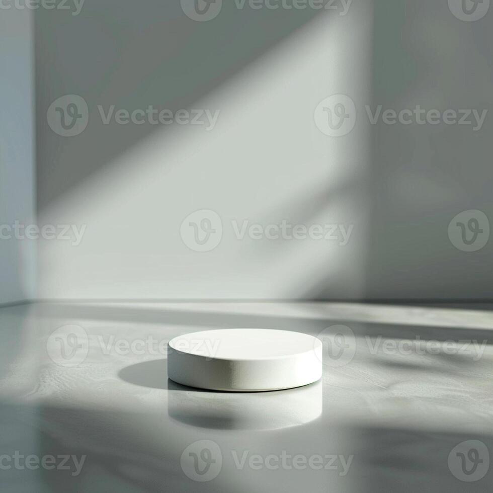 A white round object sitting on a table in front of a wall photo