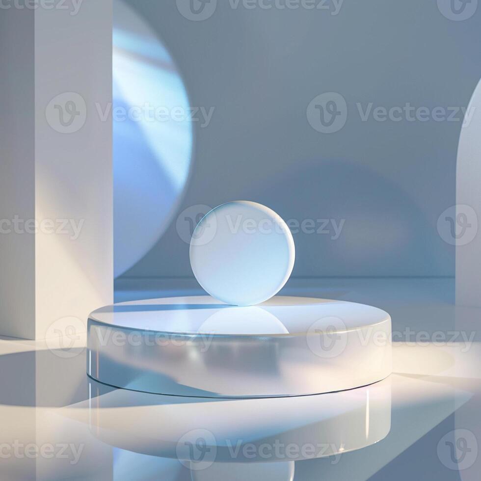 A white sphere on a pedestal in a room photo