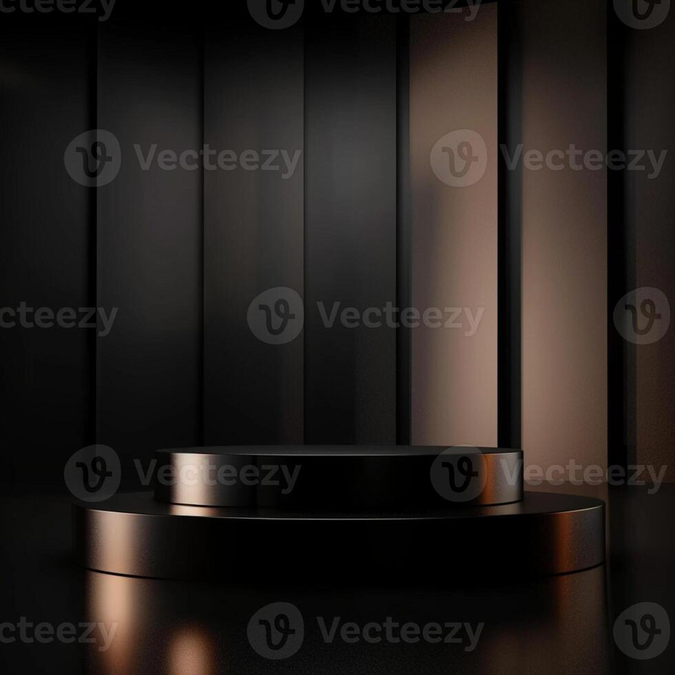 Black podium with black background and light photo