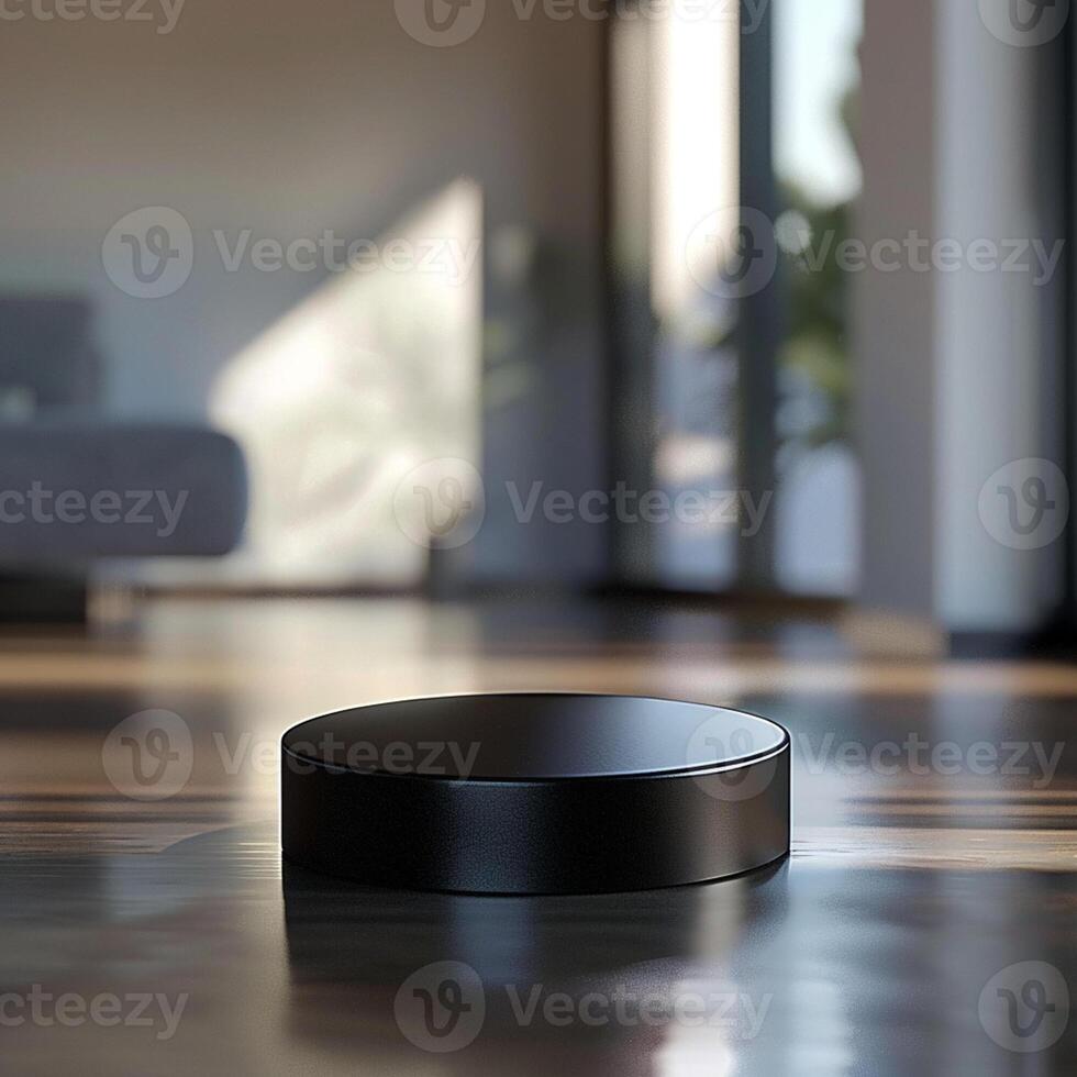 A black robot on the floor in a living room photo