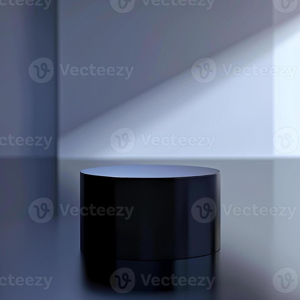 A black round table in front of a wall photo