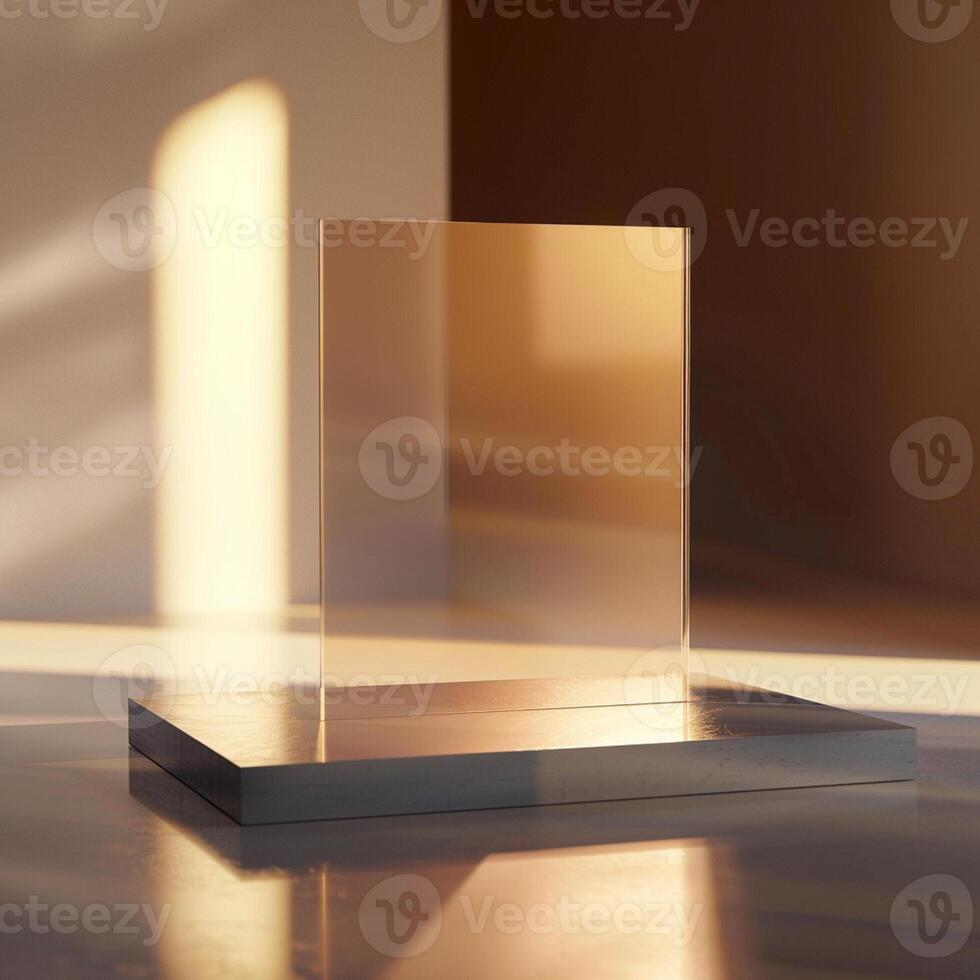 A glass display on a table in front of a wall photo