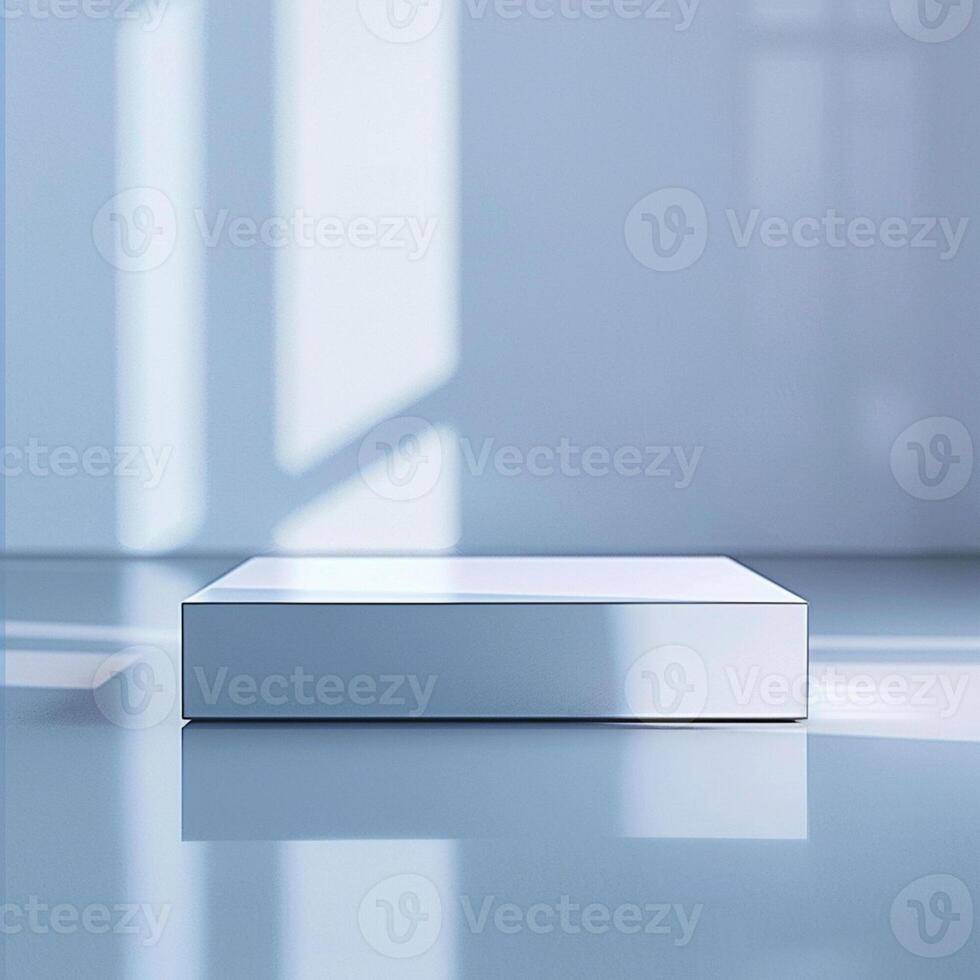 A white box sitting on a floor in front of a window photo