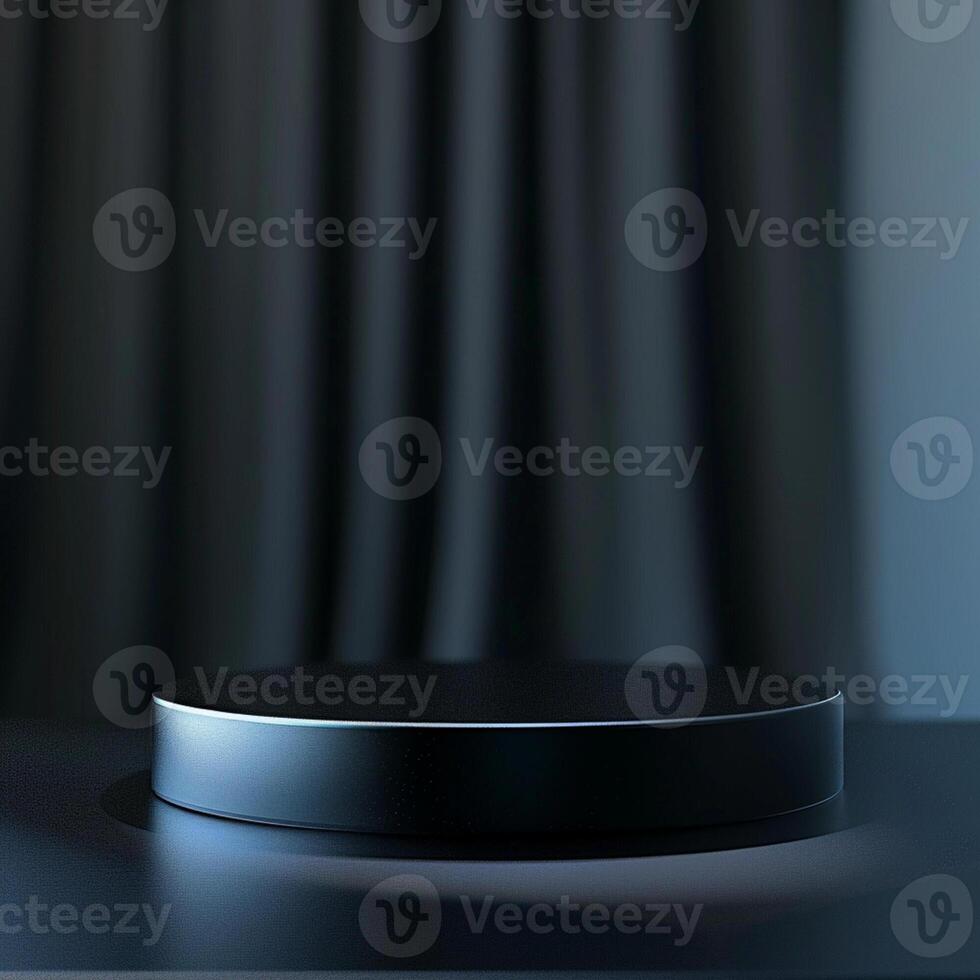 An empty black round table on a table with a curtain photo