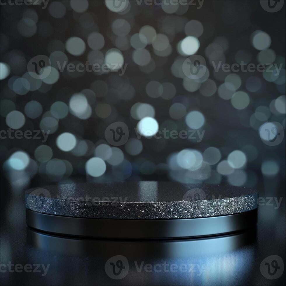 An empty black pedestal on a table with a blurred background photo