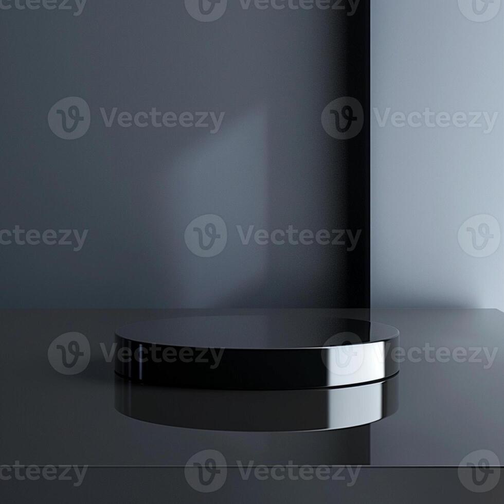A black round table on a table in front of a wall photo