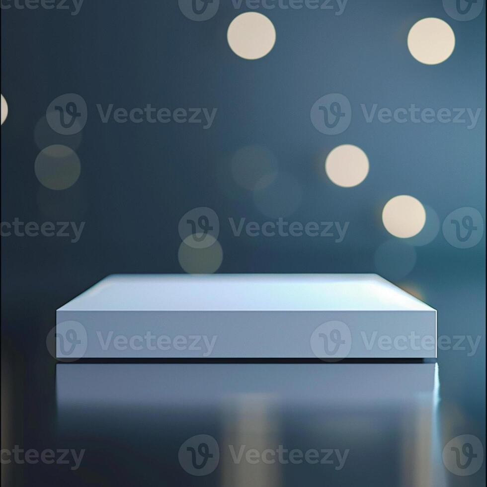 A white box sitting on a table with lights photo