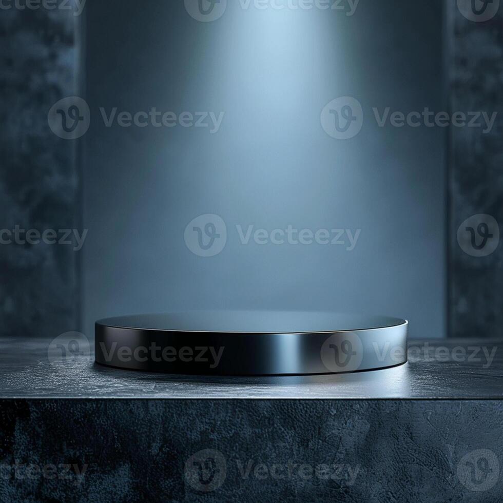 An empty podium on a concrete floor with a spotlight photo