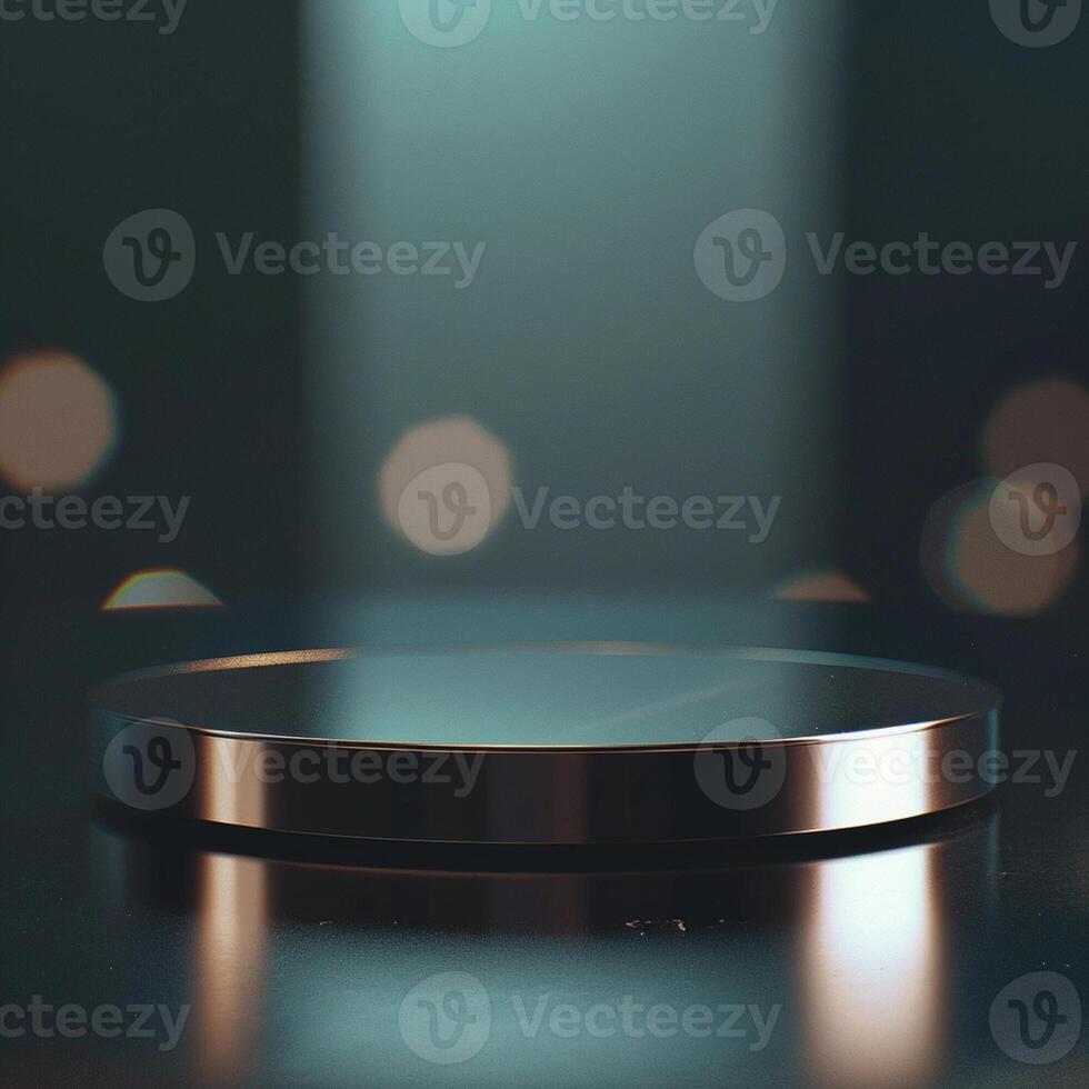 A metal plate on a table in front of a light photo