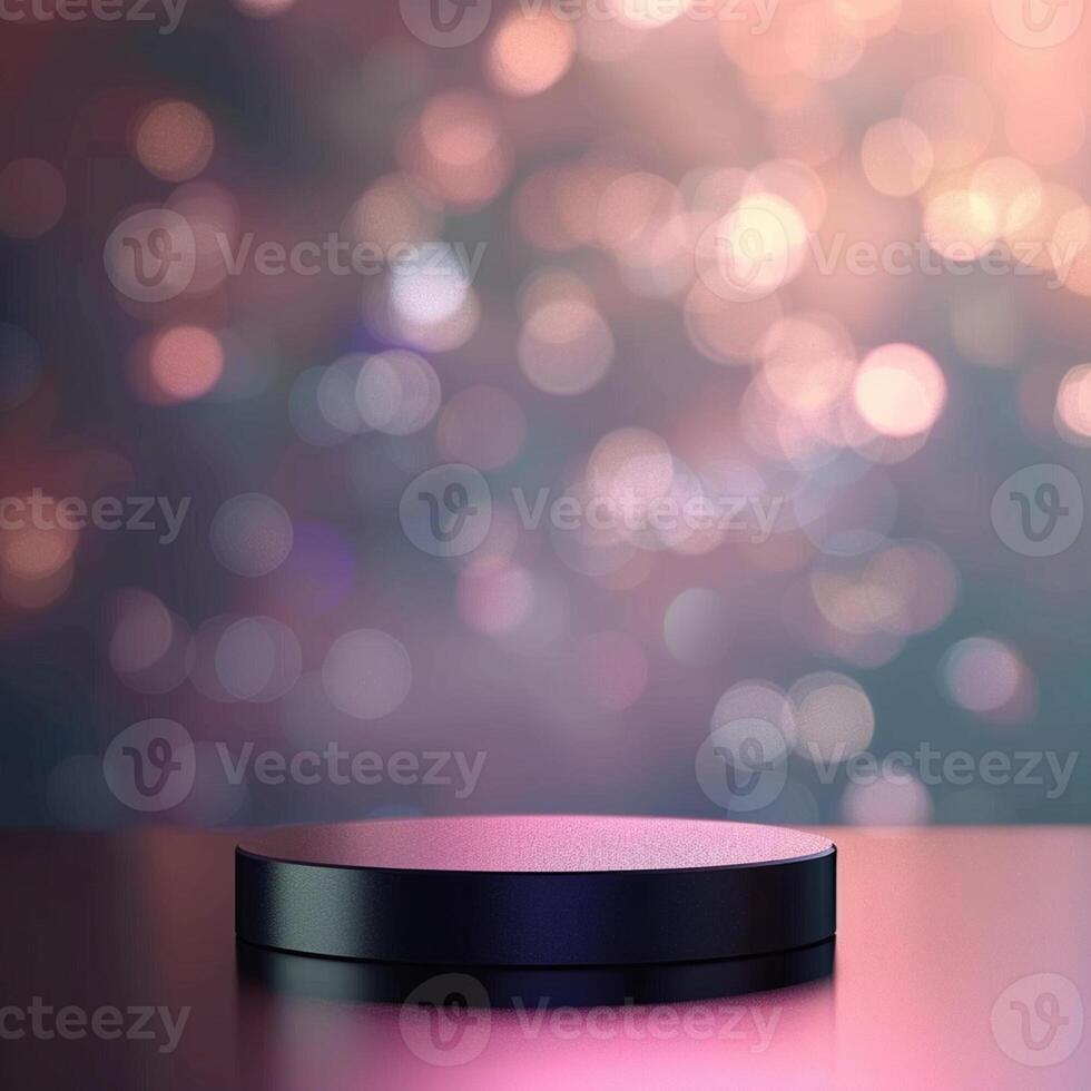 An empty black stand on a table with a blurred background photo