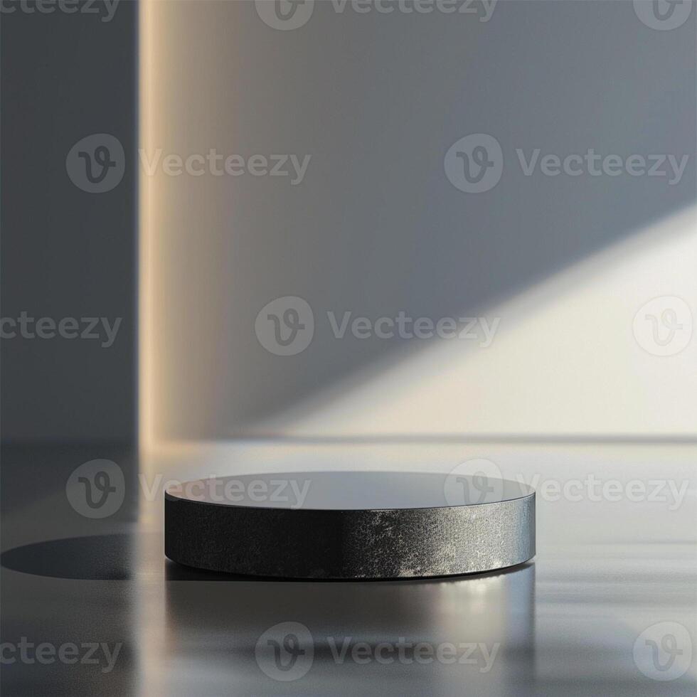 A black round object sitting on a table in front of a wall photo