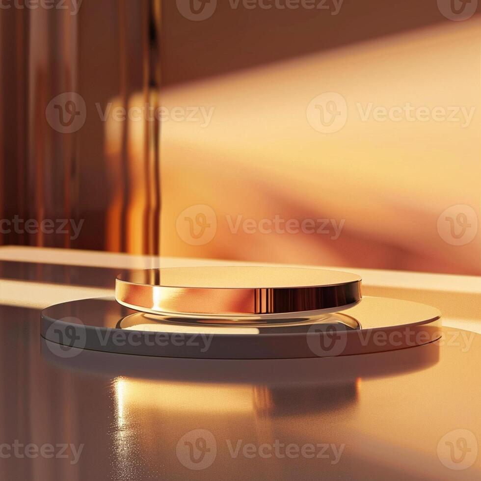 A golden object on a table in front of a window photo
