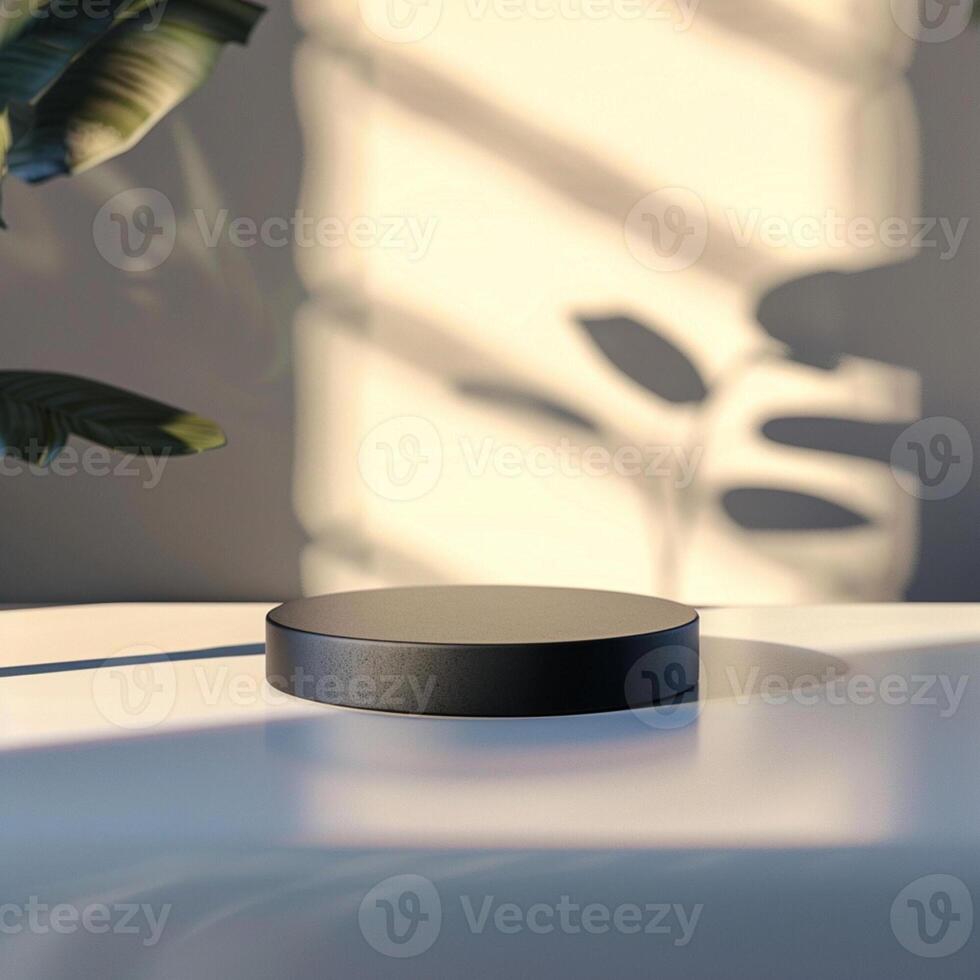 A black object on a table in front of a plant photo