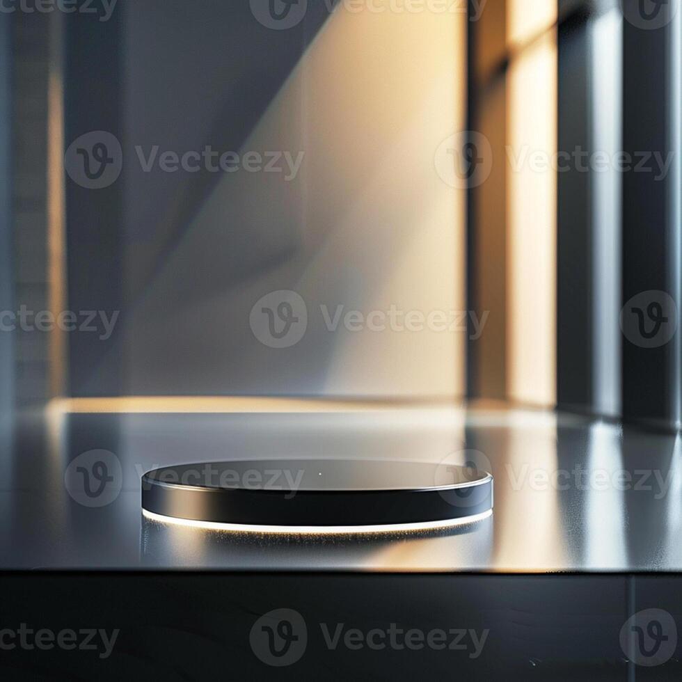 A black circular object on a table in front of a window photo