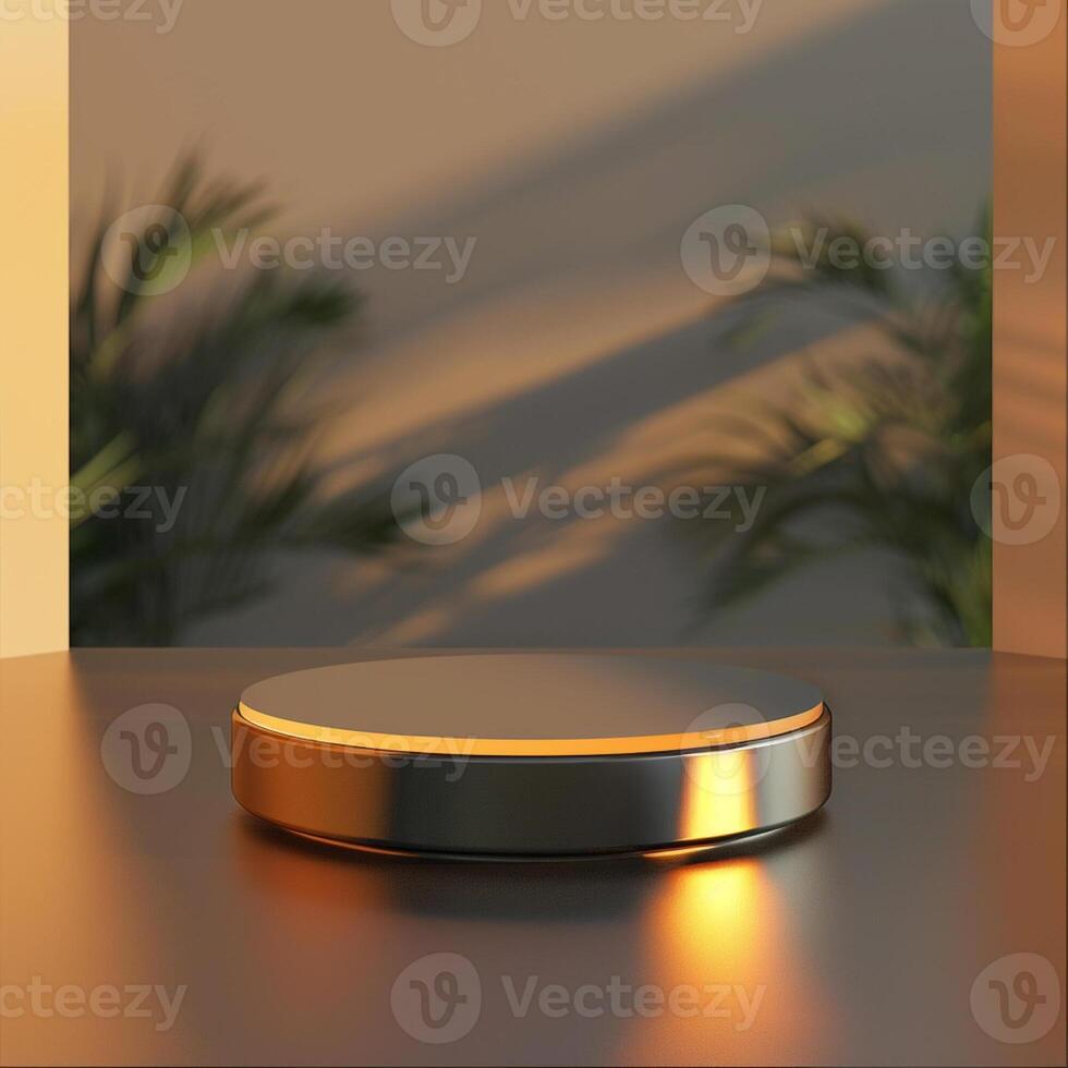 A round object on a table with a plant in the background photo