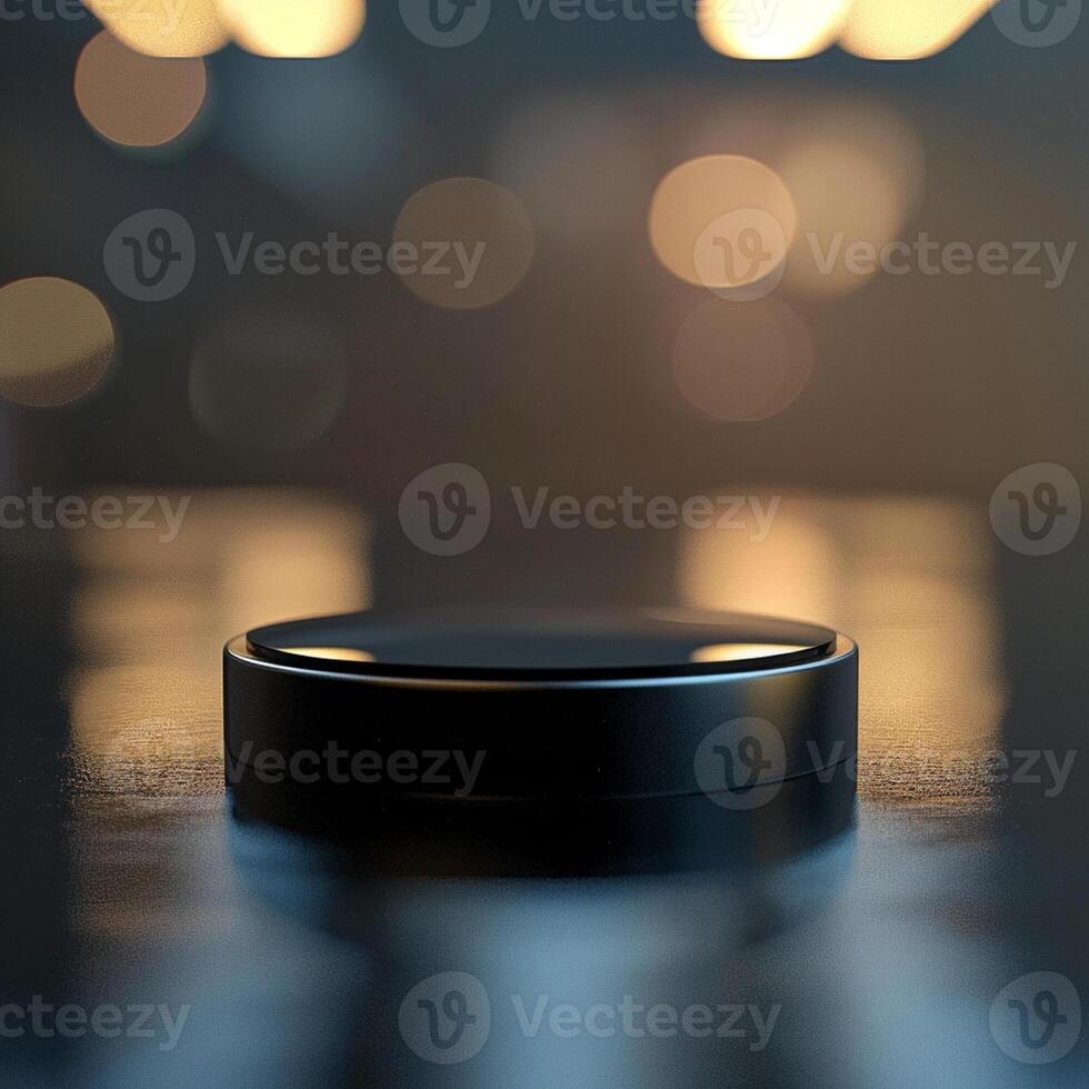 A black object sitting on a table in front of a blurry background photo