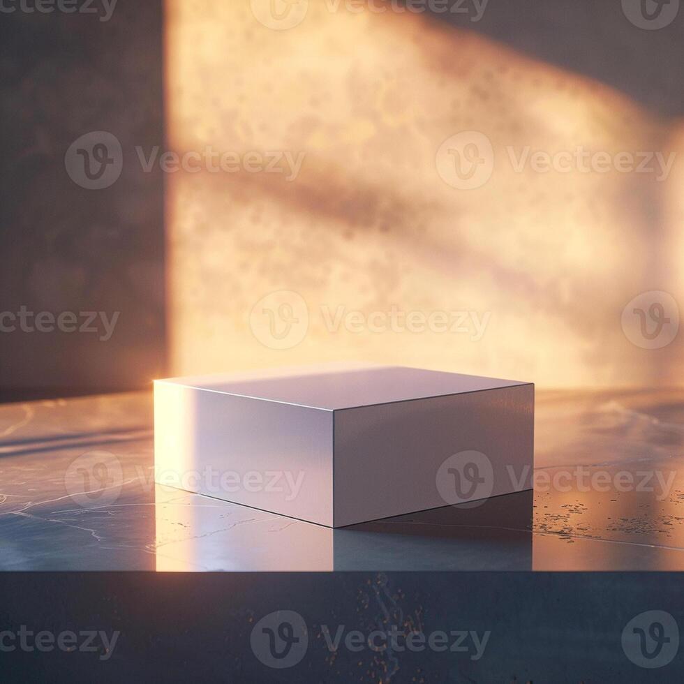A white box sitting on a table in front of a window photo