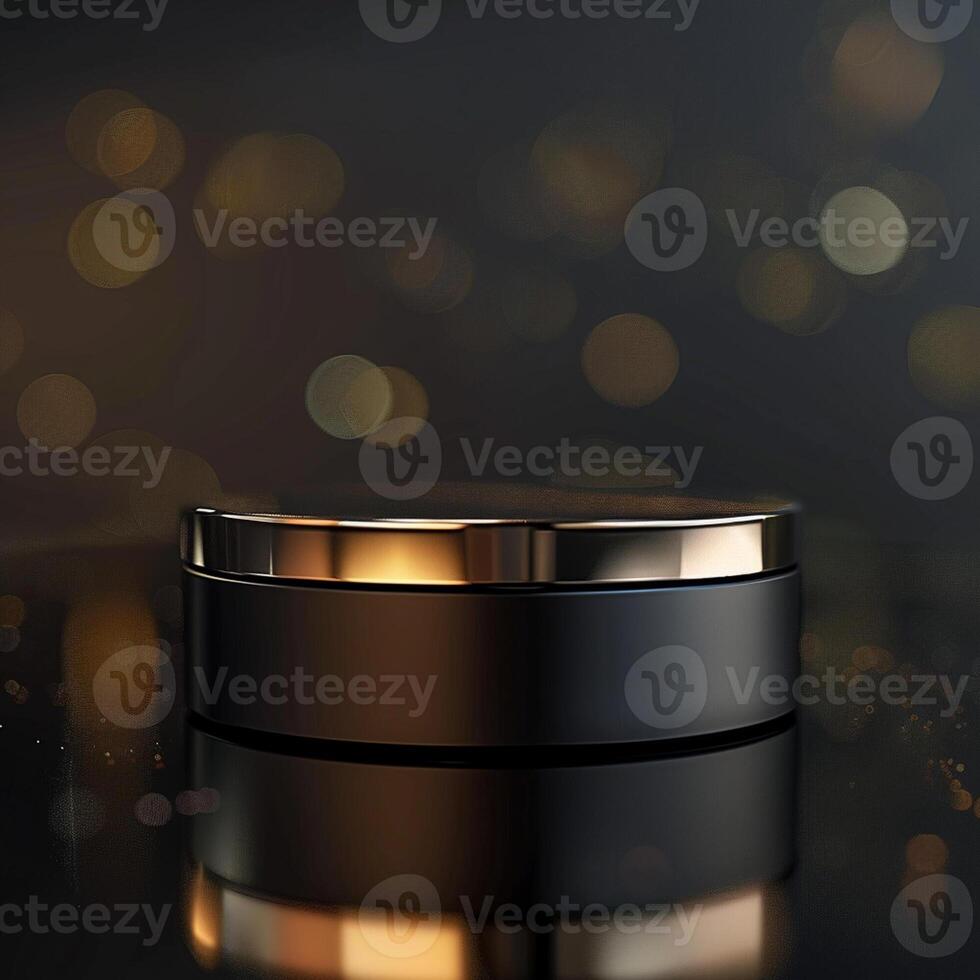 Black and gold cosmetic container on a shiny surface photo
