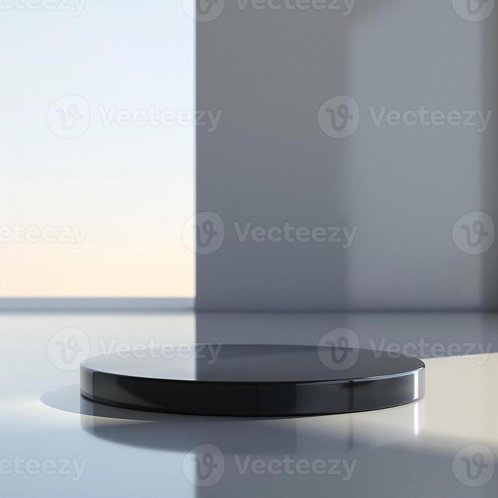 A black round table in front of a window photo