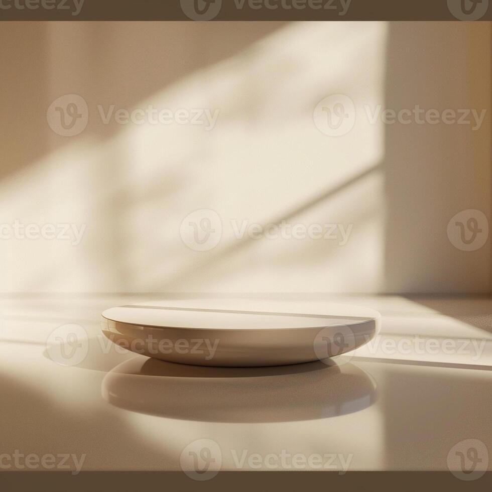 A white plate on a table in front of a window photo
