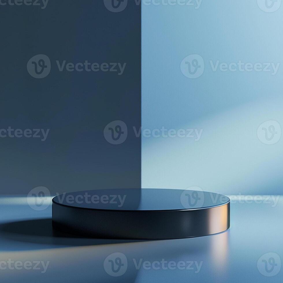 An empty round table with a blue wall behind it photo
