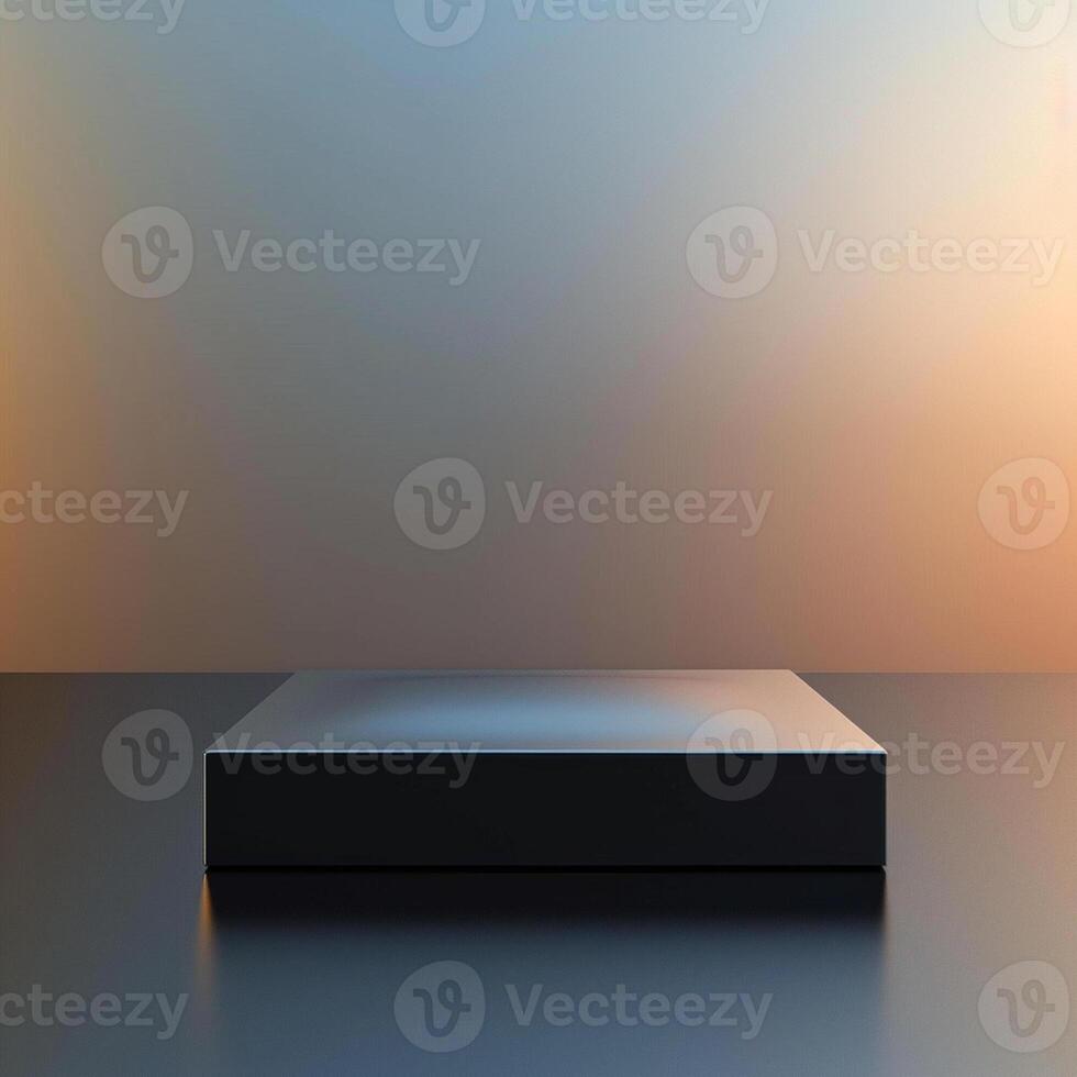 An empty black box on a table with a blurred background photo