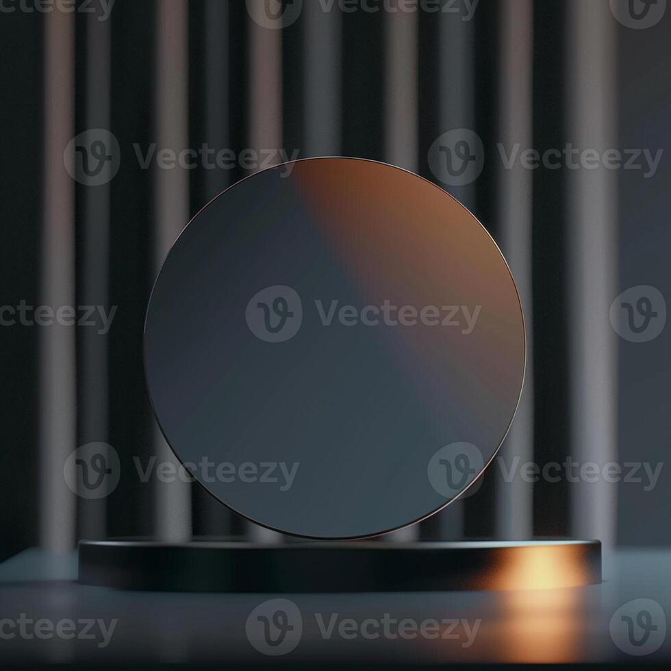 A mirror on a stand in front of a curtain photo