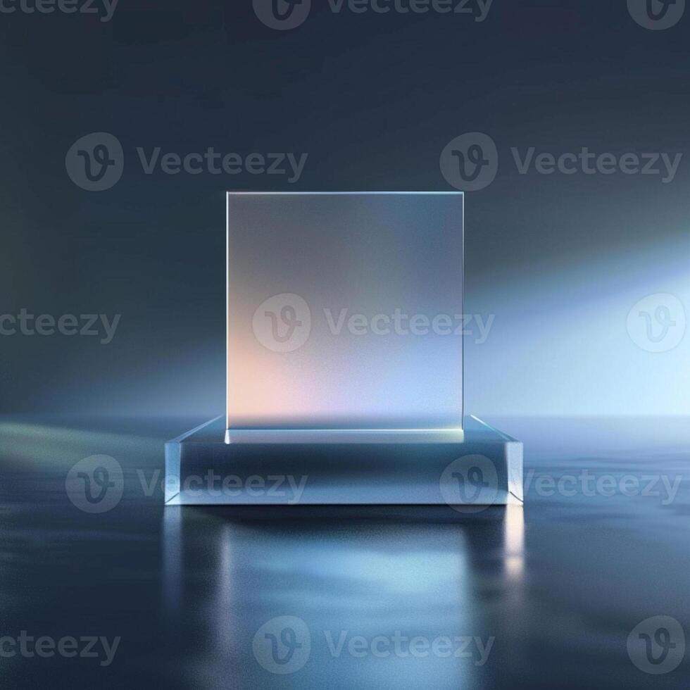 A glass block on a table with a light shining on it photo