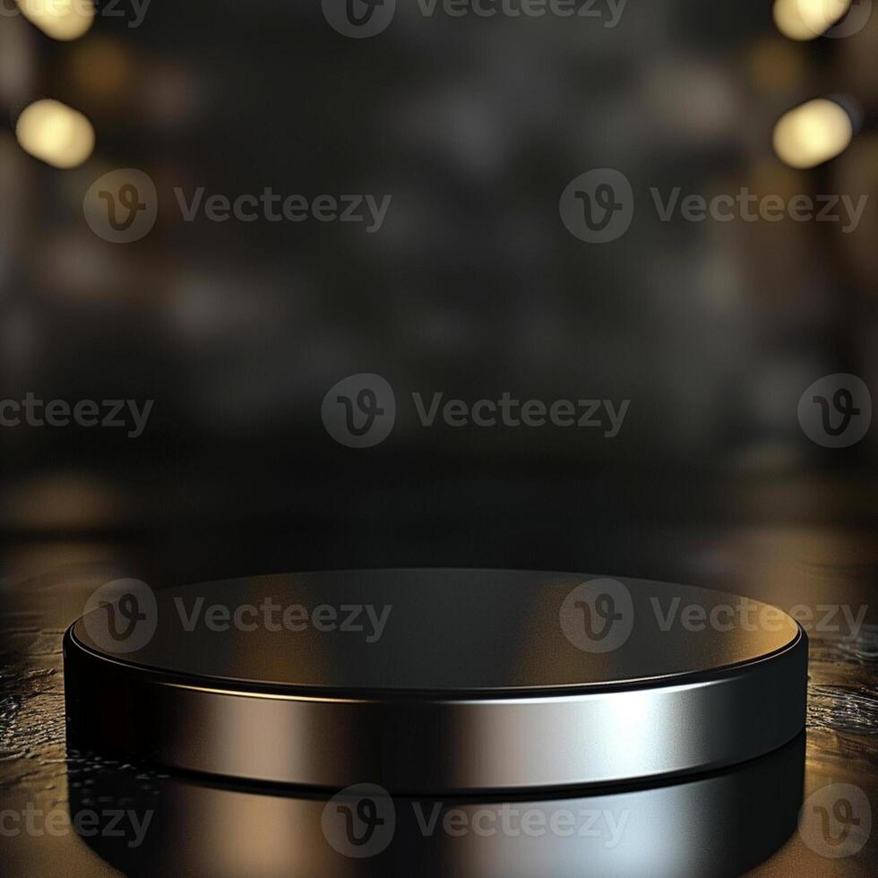 An empty black round table on a wooden surface photo