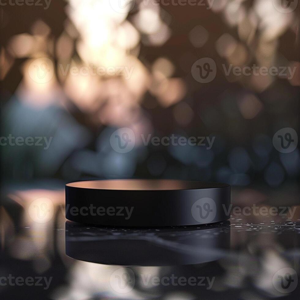 A black object sitting on a table in front of a blurry background photo