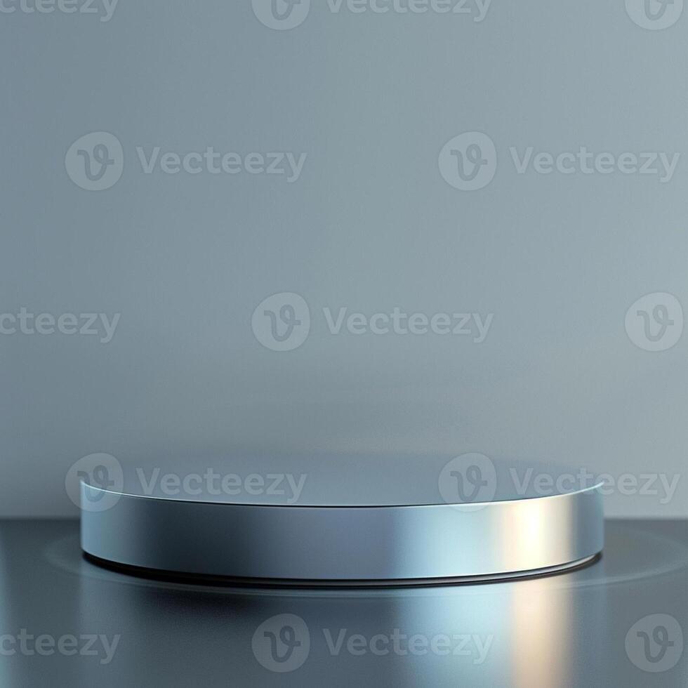 A round metal pedestal on a table with a light photo