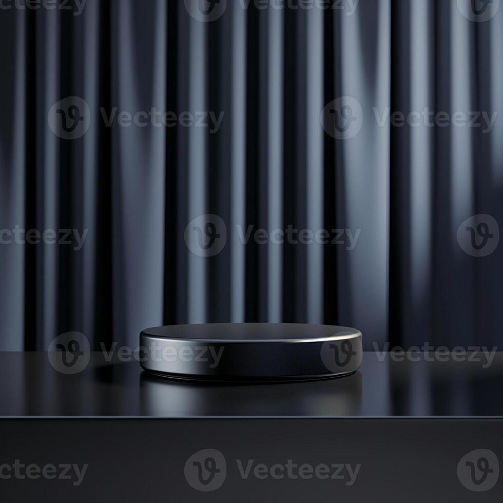 An empty podium on a table in front of a curtain photo