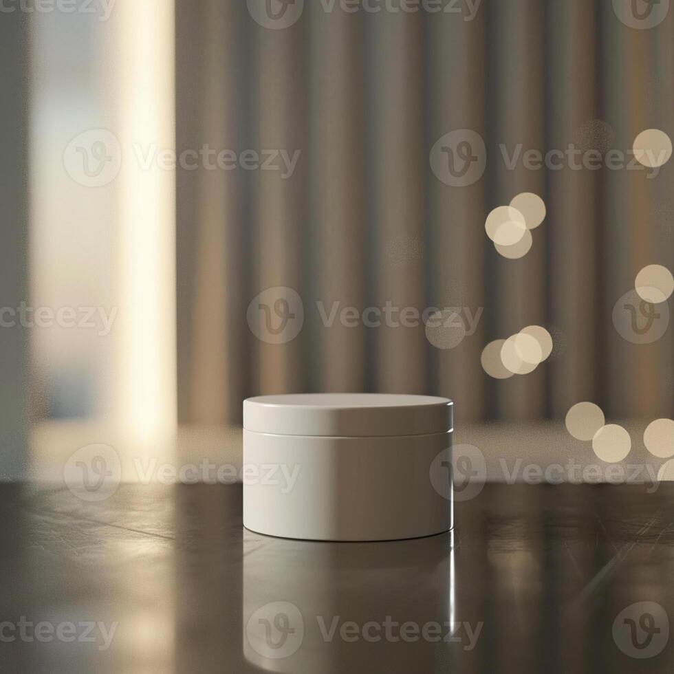 A white container sitting on a table in front of a window photo