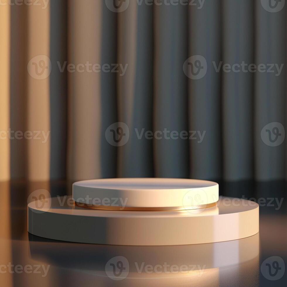 A white round podium on a table with a curtain photo