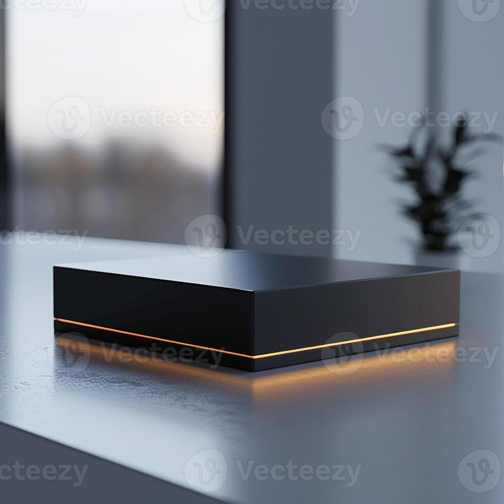 A black box sitting on a table in front of a window photo