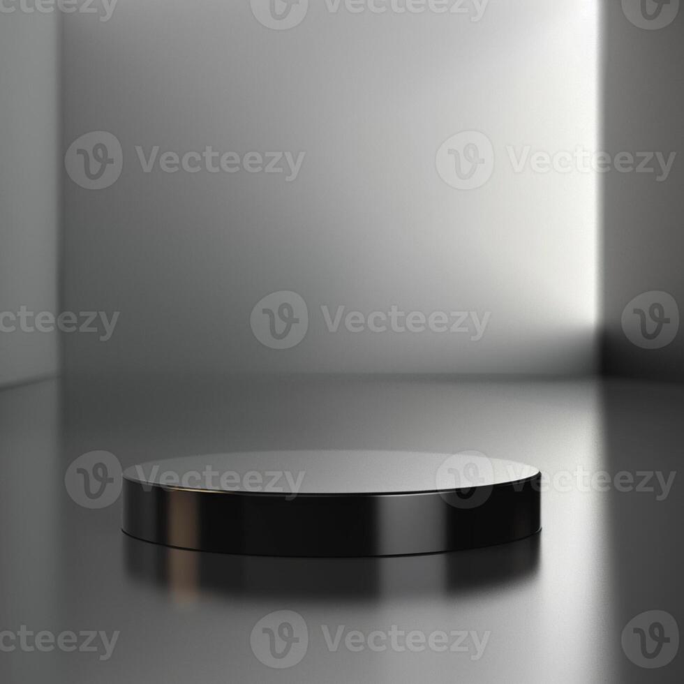 An empty black round podium on a dark floor photo