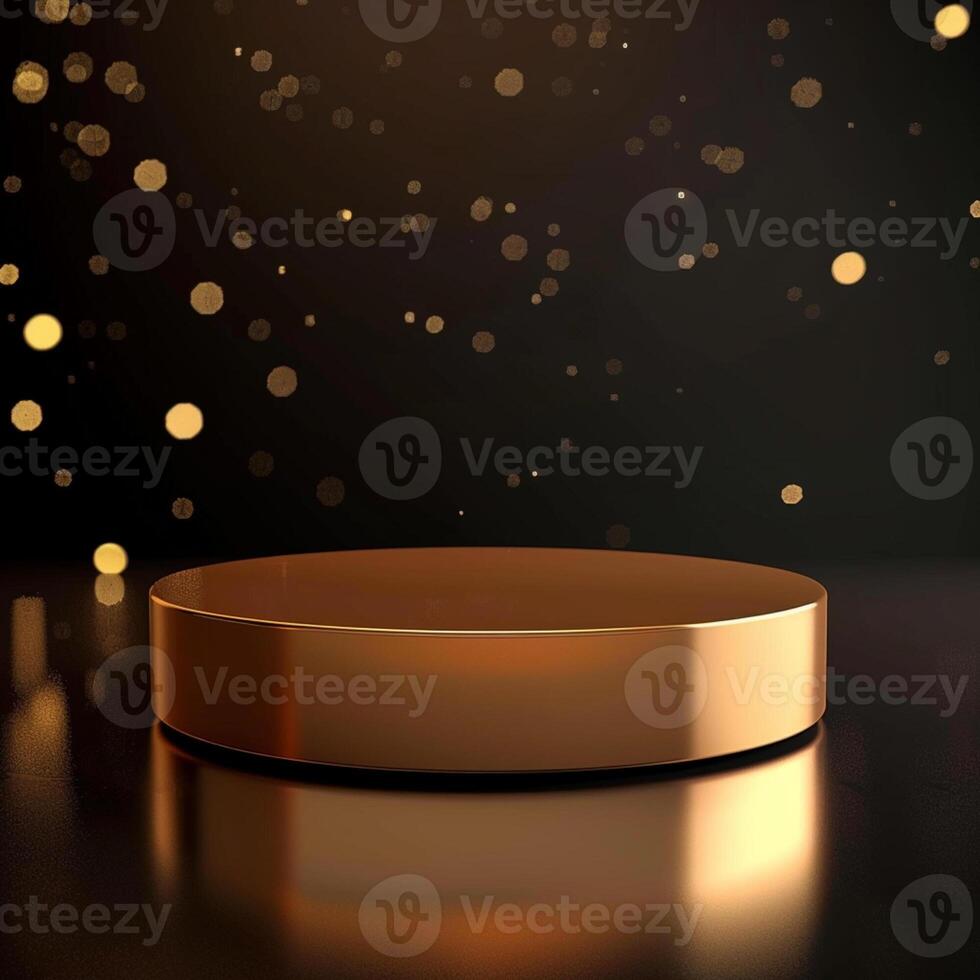 Golden round table with golden lights on a black background photo