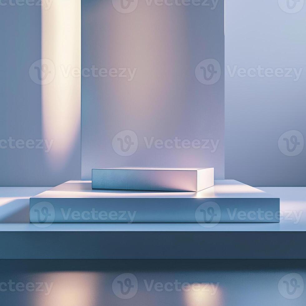 A white box sits on a table in front of a wall photo