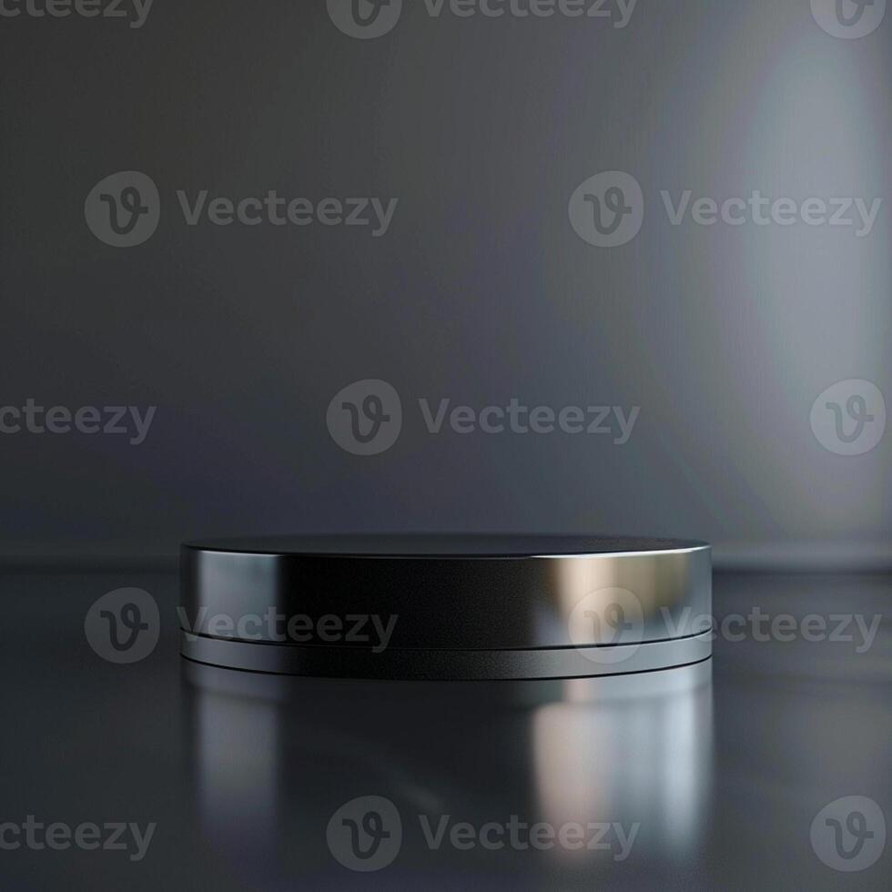 Black round metal container on a table with a reflection photo