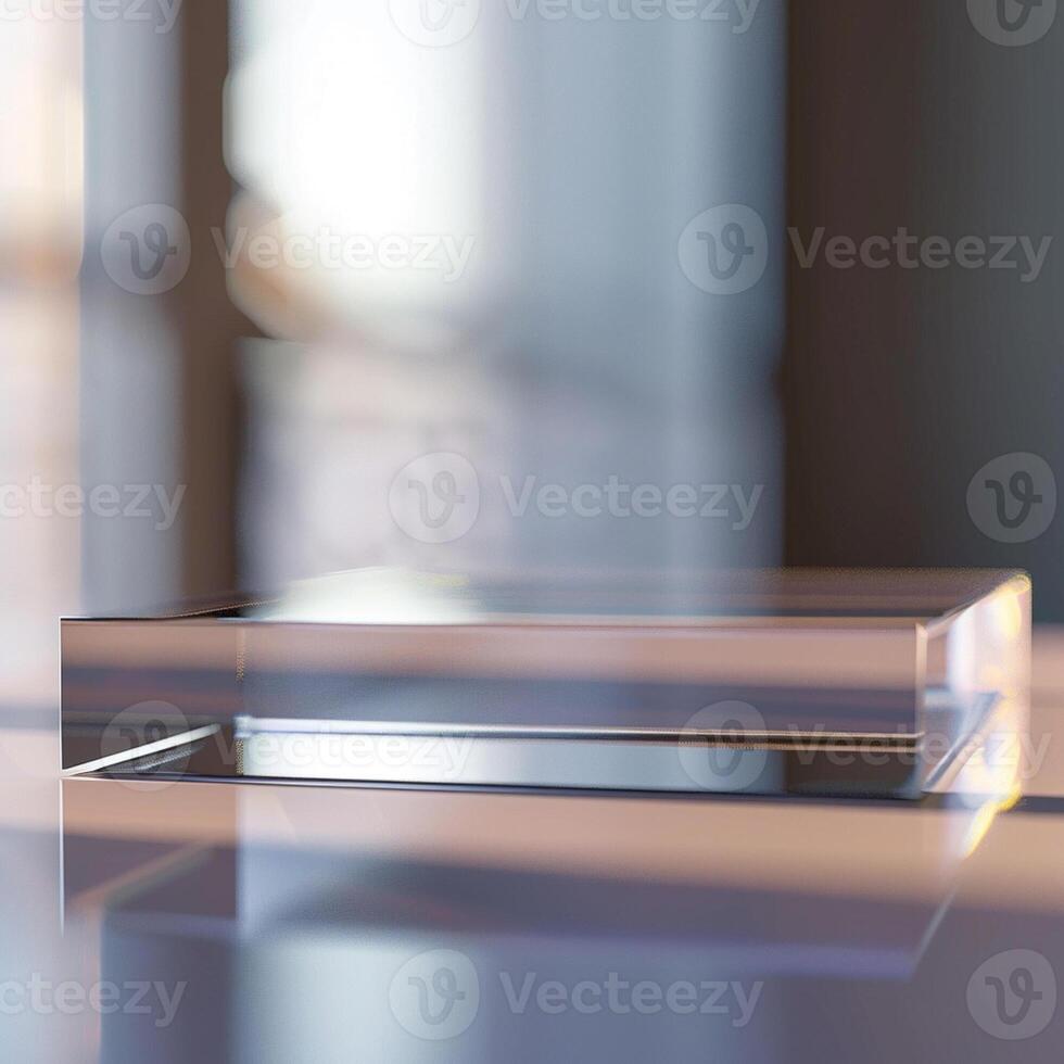 A glass block sitting on a table in front of a window photo