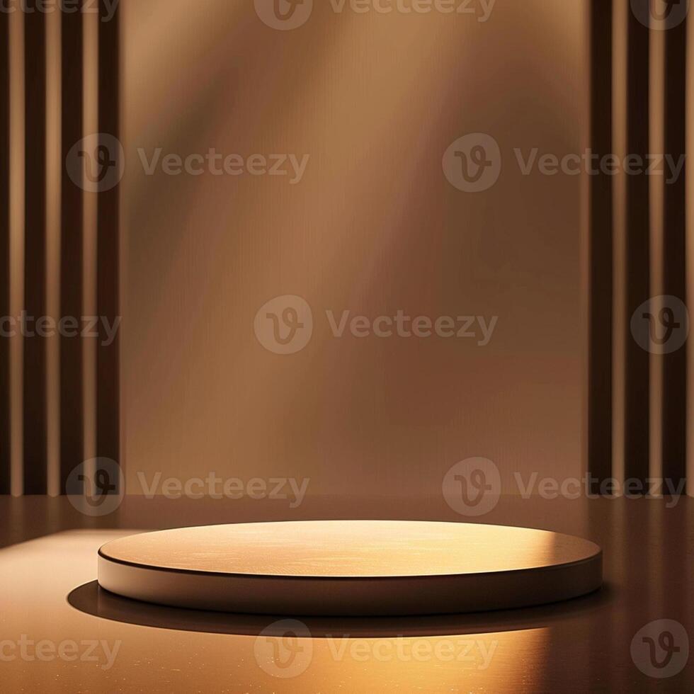 An empty podium in a room with light coming from the wall photo