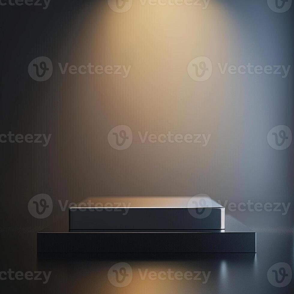 An empty book on a table in front of a spotlight photo