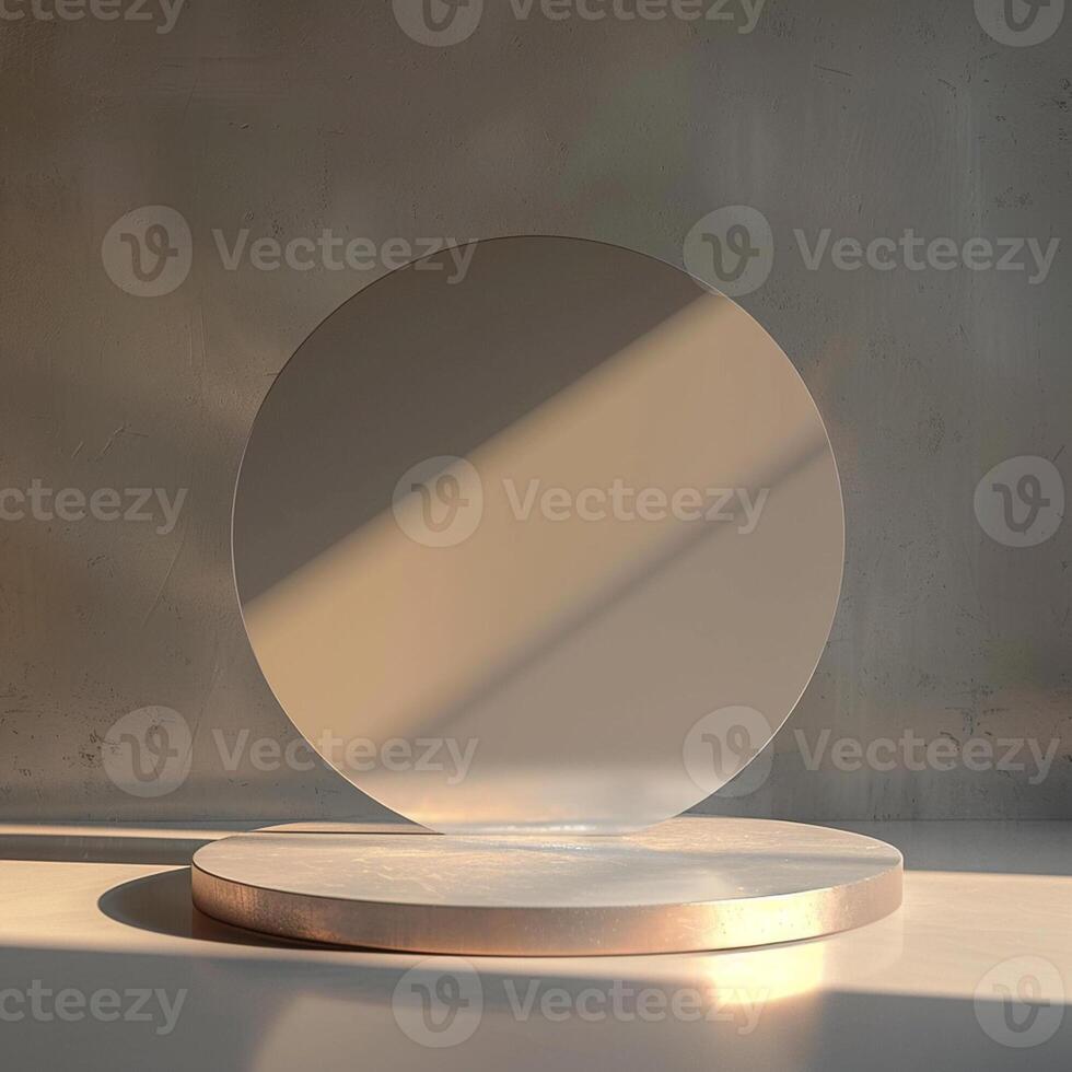A round mirror on a stand in front of a wall photo
