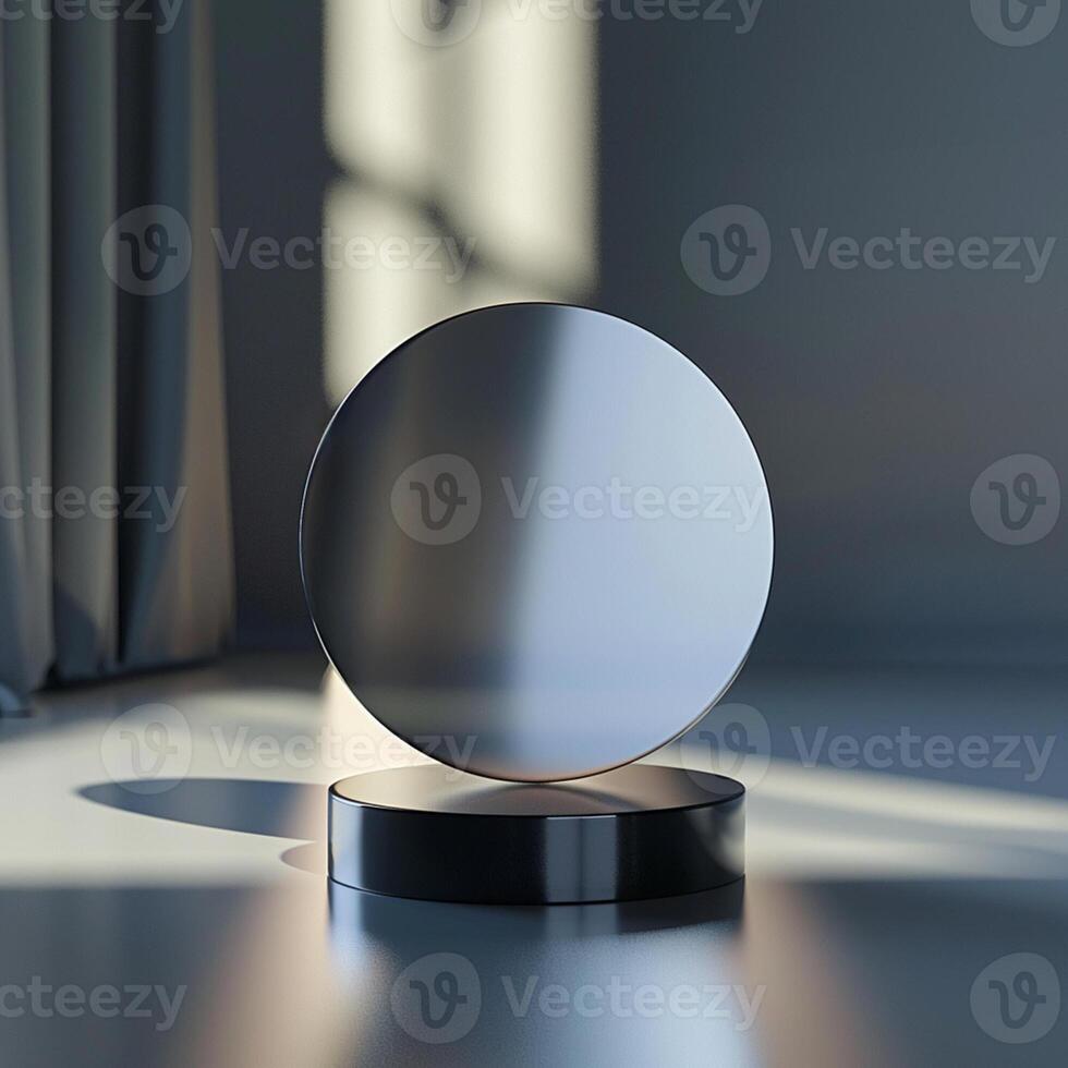 A round mirror on a table in front of a window photo