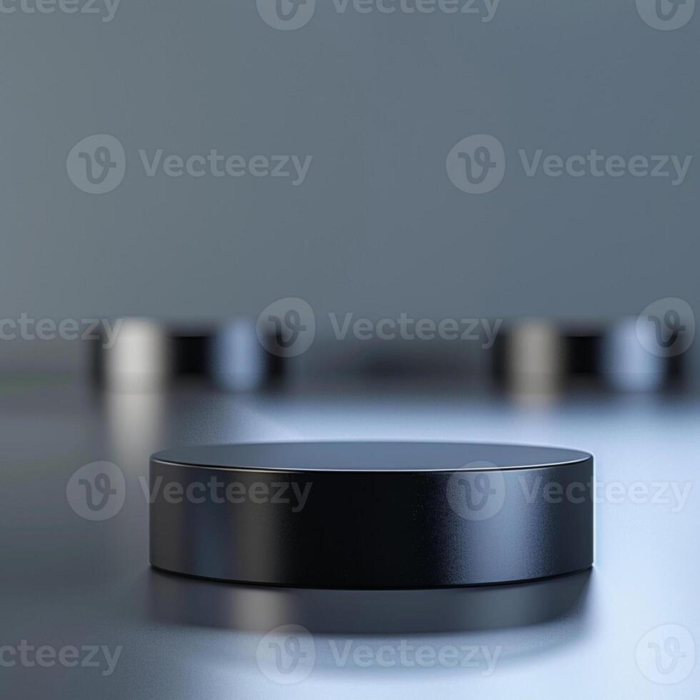 A black round object on a table with a reflection photo